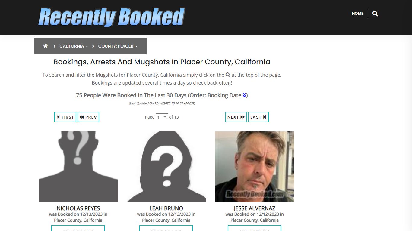 Bookings, Arrests and Mugshots in Placer County, California